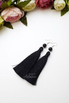 Black Tassel Earrings with Crystal Beads Fashion Fringe Elegant Handmade Silver Tassel Earrings, Black Tassel Earrings For Evening, Adjustable Elegant Tassel Earrings For Party, Black Tassel Earrings With Black Beads For Gift, Black Dangle Tassel Jewelry, Black Dangle Jewelry With Tassels, Elegant Black Bead Earrings, Elegant Black Dangle Tassel Earrings, Elegant Adjustable Tassel Drop Earrings