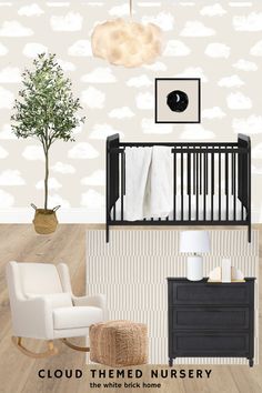 A nursery idea with clouds and moons. A pottery barn inspired nursery design idea that is gender neutral with clouds, moons, and neutral colors. A gender neutral nursery idea with pottery barn wallpaper and gender neutral colors. Nursery Room Inspiration Black Crib, Black And White Neutral Nursery, Black And White Nursery Wallpaper, Black Neutral Nursery, Beige And Black Nursery, Cb2 Nursery, Nursery With Slanted Ceiling, Calm Nursery Ideas, Black And Beige Nursery