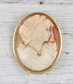 "L-928  AMAZING SOLID 14K GOLD FRAMED CARVED SHELL CAMEO PENDANT / BROOCH. FINELY CARVED SET WITH A DIAMOND.  Brand: Cameo  Metal: 14K Yellow Gold Material: Shell,diamond Form: Pendant Luxury Size :1 1/2\"x 1 1/8\" Age: Vintage Weight (Grams): 6.2g IT IS IN EXCELLENT ESTATE CONDITION  ALL ITEMS LISTED AS  GOLD ARE EITHER MARKED AND OR TESTED FOR CONTENT  TO HELP DETERMINE SIZE / SCALE OF PIECE THE QUARTER IS PICTURED AND MEASURES 24.16mm OR .95 INCHES   PLEASE DON'T BE AFRAID TO SEND AN OFFER, I Vintage Cameo Jewelry, Pendant Brooch, Cameo Jewelry, Vintage Cameo, Carved Shell, Cameo Pendant, Gold Charm, Gold Material, Diamond Pendant