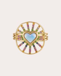 A unique nesting design, this 14-karat gold ring is comprised of three bands—one with a heart-shaped opal face and the others with a radial array of rainbow-hued sapphire stones. Wear all three stacked for the full effect, pair the two outer bands together to create negative space or style each alone for solo shine. From Eden Presley's Mantra Collection. 14k gold, rainbow sapphire, opal and diamond Carat: 0.33 ctw sapphire, 0.53 ctw opal Polish with soft cloth Made in the USA Measurements Face l Rainbow Sapphires, Thread Earrings, Authentic Jewelry, Pretty Wedding, Sapphire Stone, Earring Sale, Rose Gold Diamonds, Diamond Sizes, Sapphire Diamond