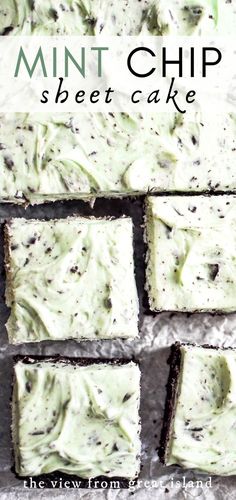 mint chip sheet cake with white frosting on top and the title overlay reads, mint chip sheet cake