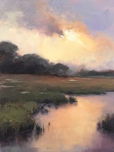 an oil painting of a sunset over a marsh