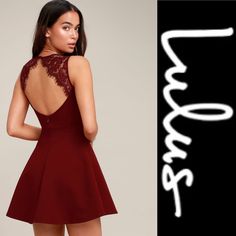 A Party Perfect Look Is At Your Fingertips With The Lace Backless Skater Dress! Stretch Knit Fabric Shapes A Rounded Neckline, And Sleeveless, Darted Bodice Atop A Flirty Skater Skirt. A Single Covered Button Tops The Sexy, Lace-Trimmed Open Back. Hidden Back Zipper/Hook Clasp. * Lined. * Self: 62% Rayon, 33% Nylon, 5% Spandex. * Lining:100% Polyester. Fit: This Garment Fits True To Size. Length: Mid-Thigh. Size Small Measures 33" From Shoulder To Hem. Fabric: Fabric Is Very Stretchy. Satin Skater Dress, Wine Red Dress, Trendy Party Dresses, Red Skater Dress, Blue Skater Dress, Lulus Dresses, Lace Skater Dress, Midi Ruffle Dress, Red Lace Dress