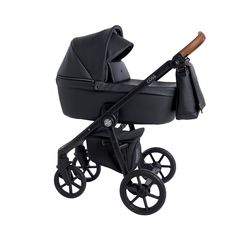 a black stroller with a wooden handle