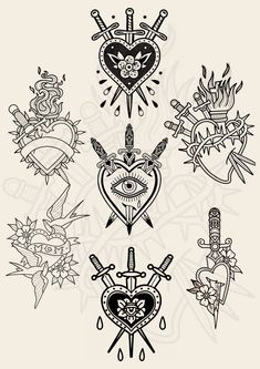 an assortment of tattoo designs on a white background, including hearts and swords with evil eyes