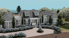 this is an artist's rendering of a house with landscaping and flowers on the front lawn