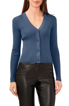 Soft ribbing shapes this front-button cardi knit with a dipped neckline. 20 1/2" length (size Medium) V-neck Long sleeves 46% rayon, 27% polyester, 27% nylon Machine wash, dry flat Imported Fitted Ribbed V-neck Cardigan, Fitted V-neck Sweater With Button Closure, Fitted Ribbed Blue Cardigan, Fitted Blue Ribbed Cardigan, Fitted Solid V-neck Cardigan, Fitted V-neck Solid Color Cardigan, Fitted V-neck Cardigan, Fitted V-neck Ribbed Cardigan, Fitted Solid Cardigan With Button Closure