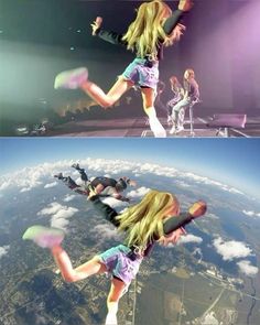 two pictures of people in the air with their legs spread out and one is upside down