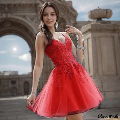 Olivia Mark - Cocktail Evening Dress with Lace Straps - Short Cocktail Party Gown Birthday Dresses Ideas, Reception Dress Long, Skirt Wedding Dress, Elegant Red Dress, Trending 2023, Birthday Dress Women, Prom Dresses Elegant, Ball Gowns Evening, Party Gown