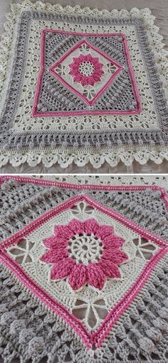 crocheted tablecloths with pink and white flowers on them are shown in two different rows