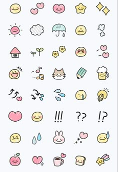 an image of various emoticions on a white background, including hearts and other symbols