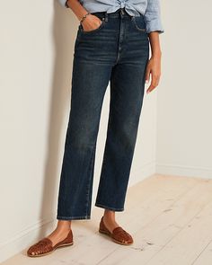 Slip into the ultra-flattering silhouette of ultrahigh-rise jeans with a relaxed fit through the straight, ankle-length leg. All-day comfy in cotton with a touch of stretch.  By DL1961. Zip fly with button closure. Traditional five-pocket styling. Straight leg. Clean hems. What To Wear Tomorrow, Straight Leg Ankle Jeans, High Rise Straight Jeans, Indigo Jeans, Garnet Hill, Rolled Hem, Shoes With Jeans, Ankle Jeans, Fashion Sense