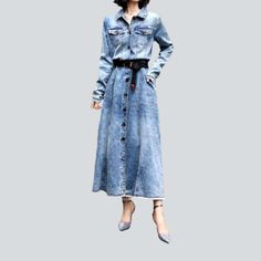 Dive into the 2023 Spring-Summer Collection with this classic vintage-style long denim jacket! Its regular fit. buttoned closure. and stylish distressed pattern combine to create a timelessly chic look that will take your wardrobe to the next level.Why You'll Love It Vintage-Inspired Style: This long denim jacket is perfect for those who love the classic vintage look. with a modern twist. Distressed Detail: Expertly distressed for an effortless. edgy look. Regular Fit: Designed to ensure comfort Spring Light Wash Denim Jacket With Buttoned Pockets, Chic Washed Long Sleeve Denim Jacket, Chic Relaxed Fit Long Sleeve Denim Jacket, Spring Washed Blue Denim Jacket With Buttoned Pockets, Chic Washed Button-up Denim Jacket, Summer Button-up Outerwear In Medium Wash, Summer Button-up Medium Wash Outerwear, Medium Wash Button-up Outerwear For Summer, Medium Wash Button-up Summer Outerwear