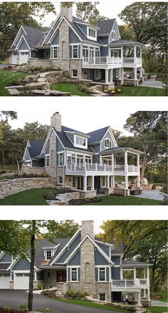 three different views of a large house from the front, back and side by side