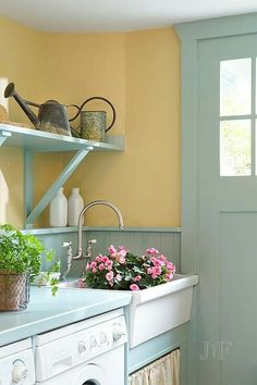 a kitchen with yellow walls and blue shelves filled with potted plants next to a white toilet