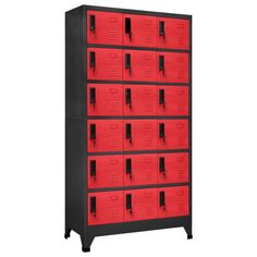 This locker cabinet has a modern design, which will make a great decorative addition to any room or office space. This storage cabinet is made of steel, making it durable as well as easy to clean. Each compartment is equipped with a lockable door with air vents. The cabinet has ample storage space for keeping clothes and other personal belongings safe. Additionally, the name tag holder allows you to neatly sort your items. This locker is suitable for schools and offices to store various things. Color: Anthracite and red Material: Steel Dimensions: 35.4" x 15.7" x 70.9" (W x D x H) 18 lockable doors (2 keys included for each door) With air vents and name tag holders on doors Loading capacity per compartment: 22 lb Total loading capacity: 396.8 lb Assembly required: Yes Warning: To prevent o Industrial Storage Cabinets, Home Lockers, Locker Cabinet, Cabinet Style, Baby High Chair, Industrial Storage, Tag Holder, Side And End Tables, Mode Design