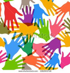 many colorful hand prints on a white background