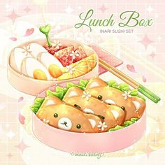 the lunch box is filled with food and has chopsticks sticking out of it