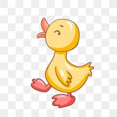 a yellow duck with pink feet and legs, standing on one leg in the air