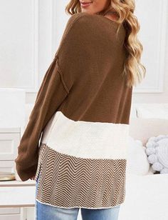 Knit Stitching Casual Loose Sweater Pullover Fall Patchwork V-neck Sweater, Long Sleeve Patchwork Sweater For Fall, Brown Patchwork Sweater For Spring, Layering Long Sleeve Patchwork Sweater, Brown Patchwork Sweater For Fall, Long Sleeve Knit Patchwork Cardigan, Cozy Long Sleeve Color Block Tops, Brown Crew Neck Knit Top For Layering, Knit Patchwork V-neck Sweater