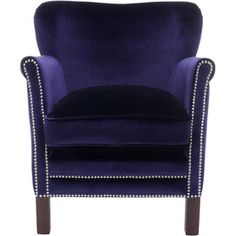 a purple velvet chair with studded legs and an armrest, on a white background