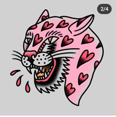 a drawing of a pink leopard with hearts on its chest and mouth, in the shape of a cat's head