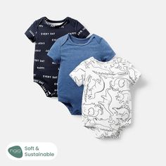 Get ready to roar with this adorable Baby Boy White Dinosaur Romper! Made with soft, breathable fabric, your little one will stay comfortable and cute all day long. Perfect for playdates or just lounging around, this romper is a must-have for any dino-loving baby. * Dinosaur/Letter Print/Blue * Each size includes: 1 rompers * Soft and comfy * Bottom snaps * Material: 70% Polyester, 23% Acetate, 7% Spandex * Machine wash, tumble dry * Imported Casual Cartoon Print Jumpsuits And Rompers For Playtime, Cotton Onesie With Dinosaur Print For Playtime, White Cotton Onesie With Dinosaur Print, Casual Printed Onesie For Playtime, Playful Printed Onesie For Playtime, Playful Dinosaur Print Onesie For Playwear, Playful Short Sleeve Bodysuit For Playwear, Cute Fitted Dinosaur Print Onesie, Casual Blue Printed Onesie