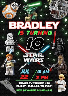 a star wars birthday party with legos and lightsabens on the poster,