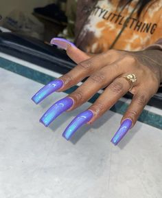 Acrylic Nails Purple And Blue, Purple Acrylic, Curve Nails Acrylic, Purple Nails Black Women, Extra Purple Acrylic Nails, Purple 90s Nails, Blue And Purple Nails Designs, Curved Nails Designs, Purple Duck Nails