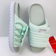 ** Thank You For Considering Our Store! We Appreciate Your Business And Support! Nike Asuna Slide Sandal In Mint Green Size Women's 8 - 2-Part Upper Features Incredibly Plush Strap. - Easily Adjustable Cinch Closure With Lacy. - Insole Feels Soft And Comfortable. * Brand New. No Flaws. * Order Will Be Shipped Within One Business Day Of Payment Besides Sunday And Holidays. Green Sport Sandals For Spring Sports, Green Synthetic Slides For Sports, Green Open Toe Sports Sandals, Green Open Toe Sandals For Sports, Green Synthetic Slide Sport Sandals, Green Synthetic Sport Sandals With Cushioned Footbed, Green Slip-on Sport Sandals, Casual Green Slides With Removable Insole, Casual Green Slides With Textured Footbed