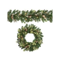 two christmas wreaths with pine cones and lights on them, next to each other