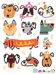 a bunch of cartoon dogs with hats on their heads and tails, all in different colors