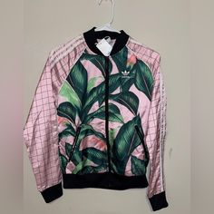 Bnwt Adidas Farm Tracksuit Jacket Pink/ Green Leaf Size Xs Trendy Adidas Outerwear For Spring, Fitted Pink Casual Track Jacket, Trendy Pink Track Jacket For Streetwear, Trendy Pink Fall Track Jacket, Pink Long Sleeve Track Jacket For Spring, Trendy Pink Long Sleeve Track Jacket, Spring Pink Long Sleeve Track Jacket, Pink Adidas Winter Outerwear, Pink Adidas Long Sleeve Outerwear