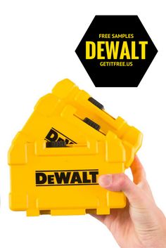 a hand holding a yellow dewt tool case with free samples on the side