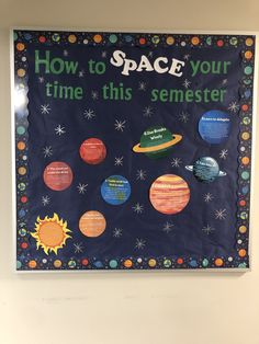 a bulletin board that says how to space your time this selveser is on the wall