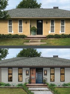 before and after pictures of a house with front porch, steps leading up to the front door