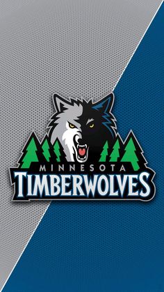 the minnesota timberwolves logo on a blue and gray background with trees in the foreground