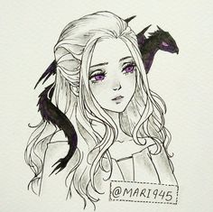 a drawing of a girl with long hair and a dragon on her head