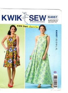 two women's dresses and one woman's dress are featured in the sewing book kwik sew