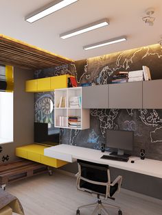 an office with yellow and gray accents