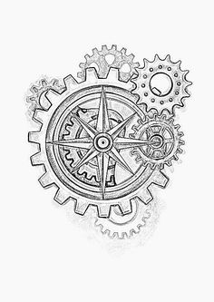 a black and white drawing of gears with the letter c in it's center