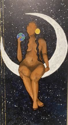 a painting of a woman sitting on the moon