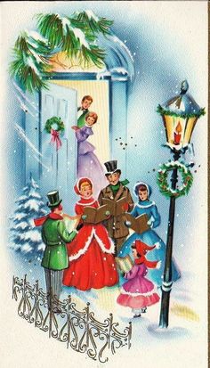 an old fashioned christmas card with people dressed in costumes and hats, standing outside the door