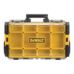 a yellow and black tool box filled with lots of compartments on top of each other