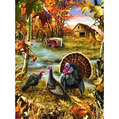 two turkeys are standing in the grass near a pond and trees with autumn leaves