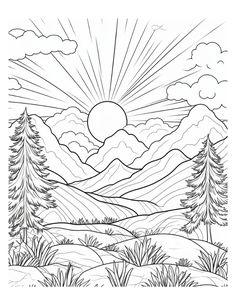 a coloring page with mountains and trees in the foreground, sun shining through clouds