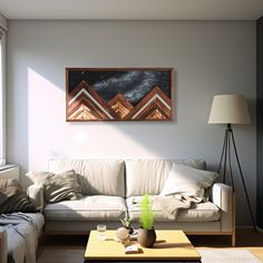 a living room filled with furniture and a painting on the wall above it's couch