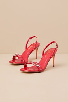 The Lulus Cleore Red Slingback Buckle High Heel Sandals are majorly iconic and will enhance any of your favorite OOTN! Crinkled faux leather shapes these too-stunning heels that feature a single sole silhouette, a rounded footbed, and a wide toe strap accented with silver grommets and a buckle-like detail. An adjustable, slender slingback strap secures with a dainty buckle, all atop a seriously sexy stiletto heel. 3. 5" stiletto heel. Cushioned insole. Rubber sole has nonskid markings. Man made Stunning Heels, Sandal Heels, Heel Sandal, Heel Sandals, High Heel Sandals, Stiletto Heel, High Heel, Stiletto Heels, Rubber Sole