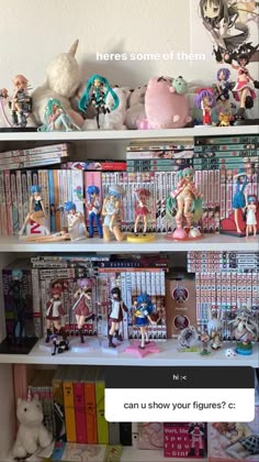 there are many anime figurines on the shelves in front of this bookcase