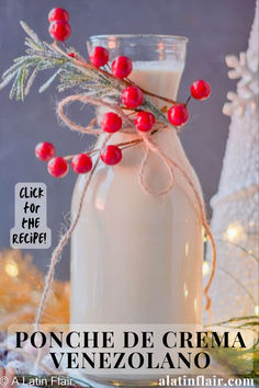 a glass jar filled with milk and topped with berries